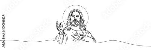 Vector linear image on white background, one line. Portrait of Jesus Christ with shining heart