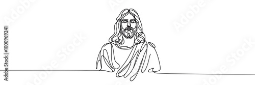 Vector linear image on white background, one line. Portrait of Jesus Christ 