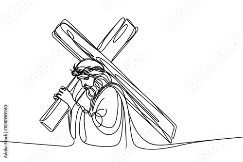 Vector linear image on white background, one line. Jesus Christ carrying the cross to Golgotha