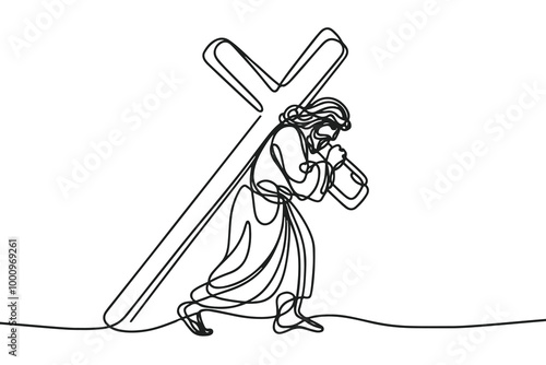 Vector linear image on white background, one line. Jesus Christ carrying the cross to Golgotha