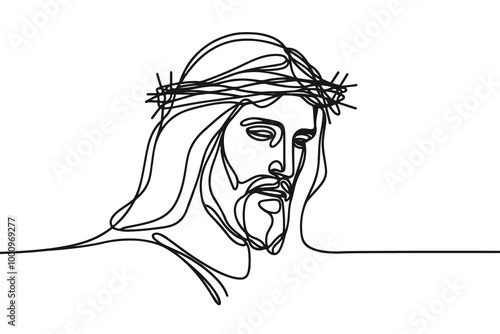 Vector linear image on white background, one line. Picture of Jesus Christ in a wreath of thorns