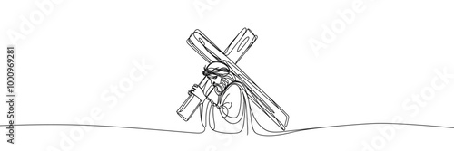 Vector linear image on white background, one line. Jesus Christ carrying the cross to Golgotha