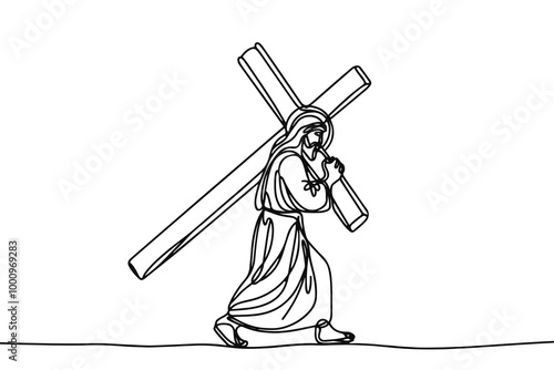 Vector linear image on white background, one line. Jesus Christ carrying the cross to Golgotha