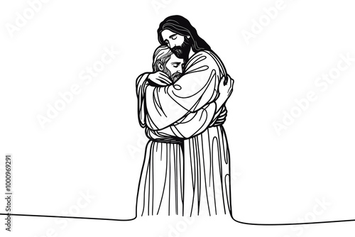 Vector linear image on white background, one line. Jesus embraces a man, Jesus embraces a sinner
