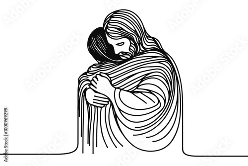 Vector linear image on white background, one line. Jesus embraces a man, Jesus embraces a sinner