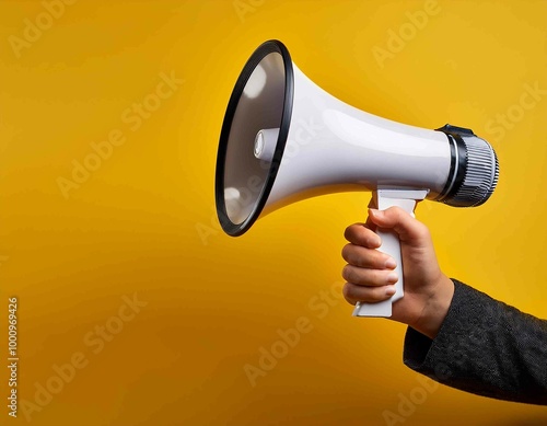 Hand holding a megaphone on a yellow background photo