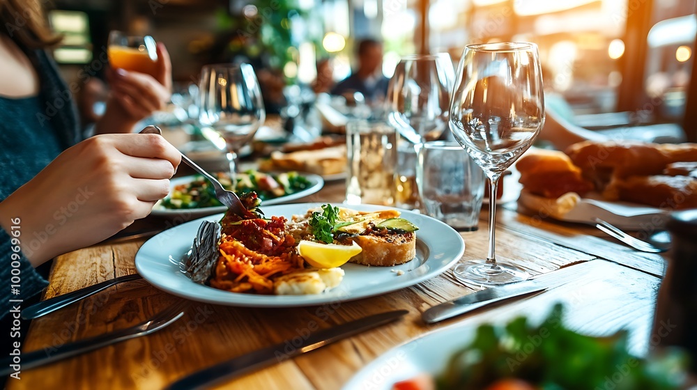 Delicious Food at a Restaurant Table with Wine Glass Delicious Food at a Restaurant Table with Wine Glass