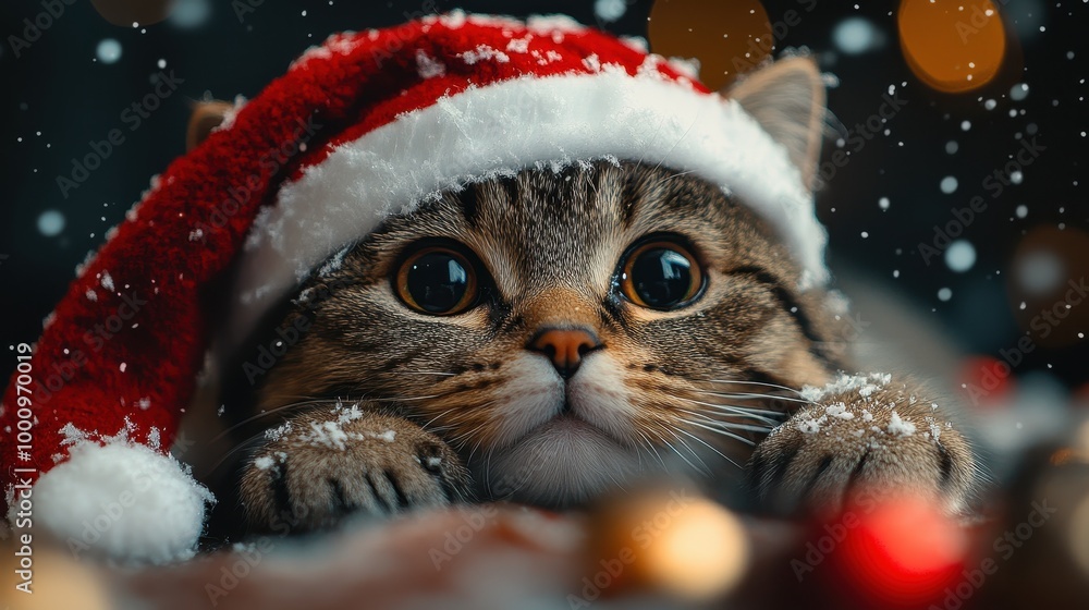 Cute cat wearing an oversized Santa Claus hat lying on a table, soft lighting, snowflakes falling, festive New Year atmosphere, high-definition photography
Cute cat wearing an oversized Santa Claus hat lying on a table, soft lighting, snowflakes falling, festive New Year atmosphere, high-definition photography