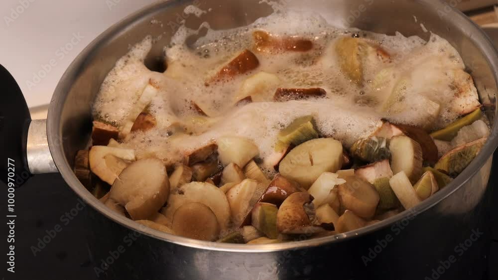 Porcini mushrooms are simmering in a large saucepan on an electric stove as part of the process of cooking mushroom soup. Boiling mushrooms in a saucepan. Porcini mushrooms are simmering in a large saucepan on an electric stove as part of the process of cooking mushroom soup. Boiling mushrooms in a saucepan.