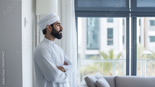 Thoughtful man in traditional clothing looking out the window