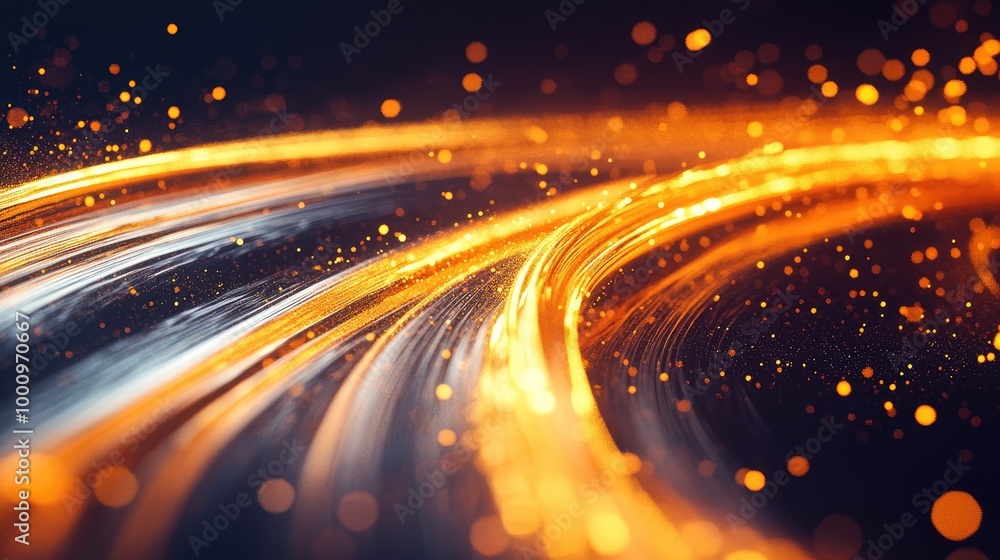 Fototapeta premium Golden-orange swirling trails representing economic growth form a stunning abstract pattern on a dark background, evoking success in an artistic display