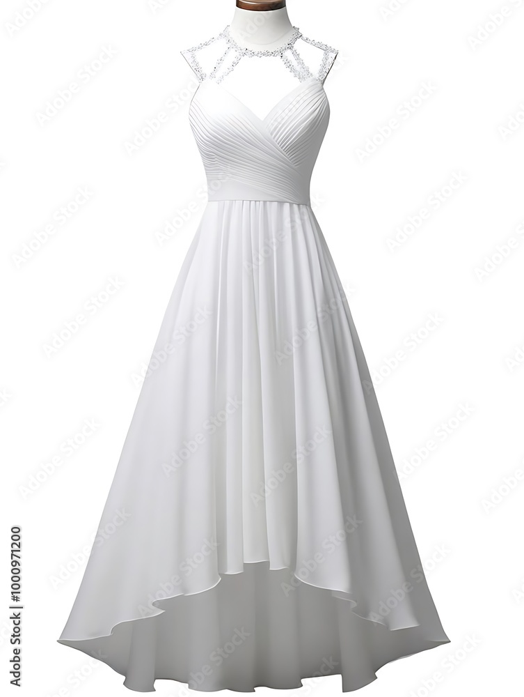 White High Low Chiffon Dress with Beaded Detail. White High Low Chiffon Dress with Beaded Detail.