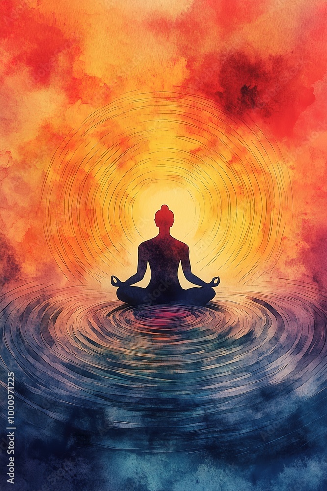 Figure in Meditation Amid Circular Watercolor Waves, Symbolizing Inner Peace and Positive Mental Health Figure in Meditation Amid Circular Watercolor Waves, Symbolizing Inner Peace and Positive Mental Health