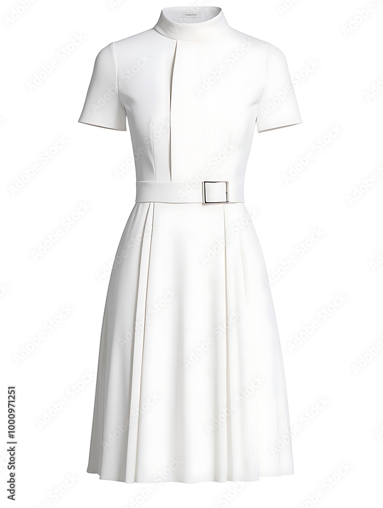 White A-line Dress with Short Sleeves and Belt. White A-line Dress with Short Sleeves and Belt.