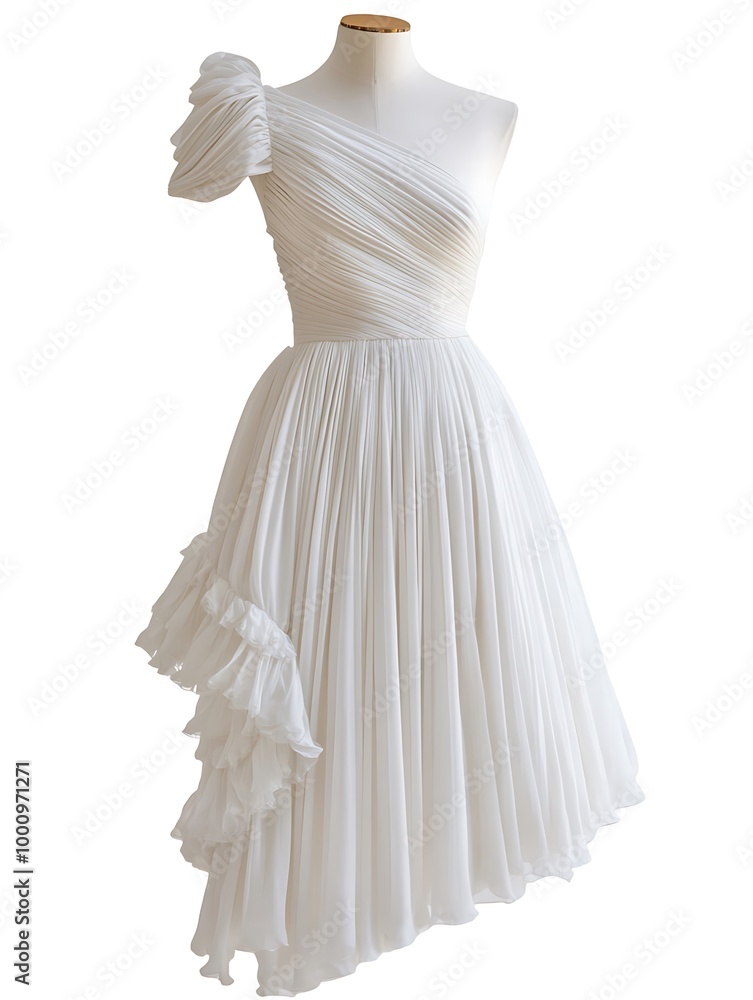 White Pleated One Shoulder Dress with Ruffles. White Pleated One Shoulder Dress with Ruffles.