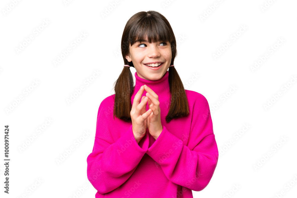 Little caucasian girl over isolated background scheming something Little caucasian girl over isolated background scheming something