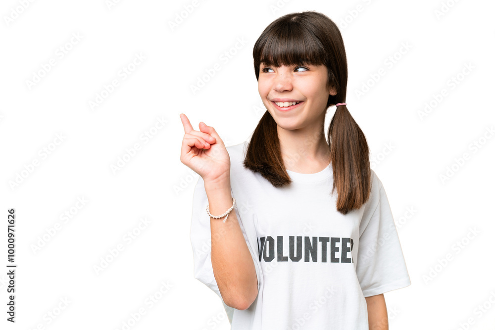 Little volunteer girl over isolated background intending to realizes the solution while lifting a finger up Little volunteer girl over isolated background intending to realizes the solution while lifting a finger up