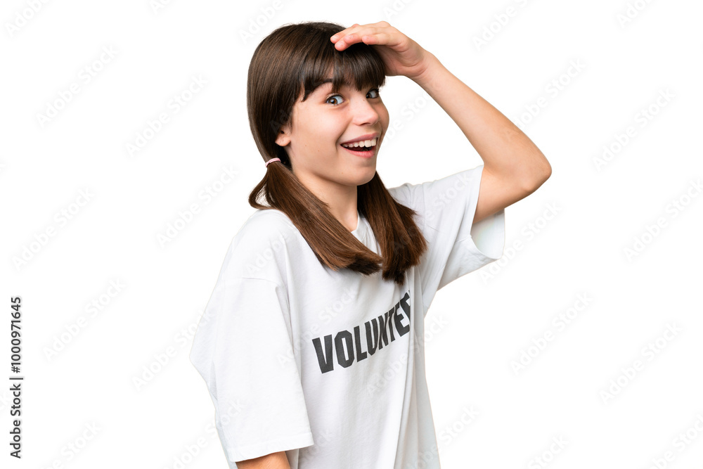 Little volunteer girl over isolated background doing surprise gesture while looking to the side Little volunteer girl over isolated background doing surprise gesture while looking to the side