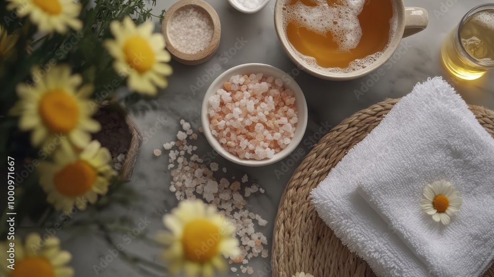 A cozy home spa setup with bath salts, herbal teas, and soft towels. A cozy home spa setup with bath salts, herbal teas, and soft towels.