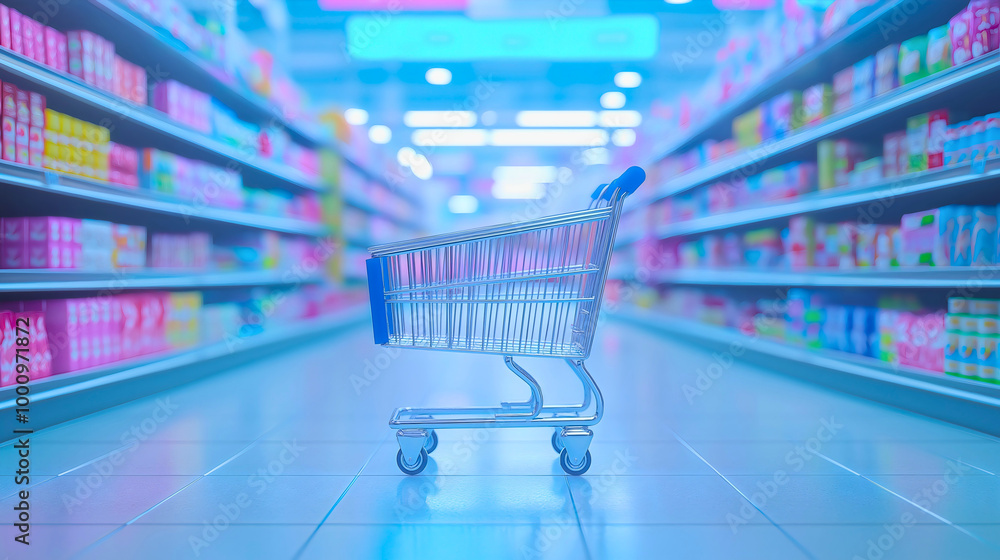 A small shopping cart in a supermarket, the image shows an empty shopping cart in the aisle of the supermarket, representing consumer society. A small shopping cart in a supermarket, the image shows an empty shopping cart in the aisle of the supermarket, representing consumer society.