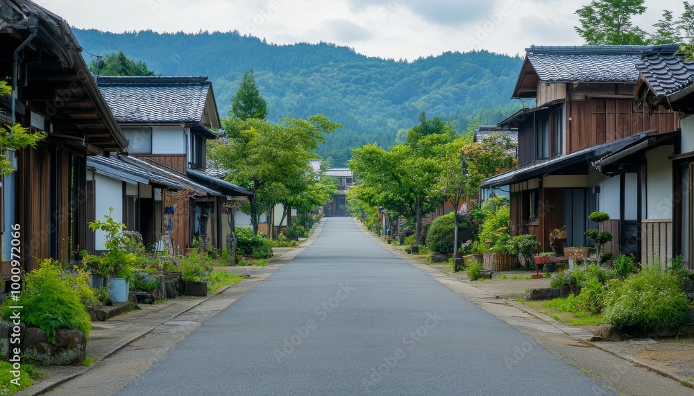 Traditional Japanese Village. Wooden Houses in the Mountains. Rural Japanese Landscape. Traditional Japanese Architecture. Traditional Japanese Village. Wooden Houses in the Mountains. Rural Japanese Landscape. Traditional Japanese Architecture.