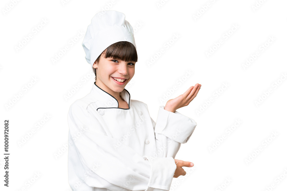 Little caucasian chef girl over isolated background extending hands to the side for inviting to come Little caucasian chef girl over isolated background extending hands to the side for inviting to come