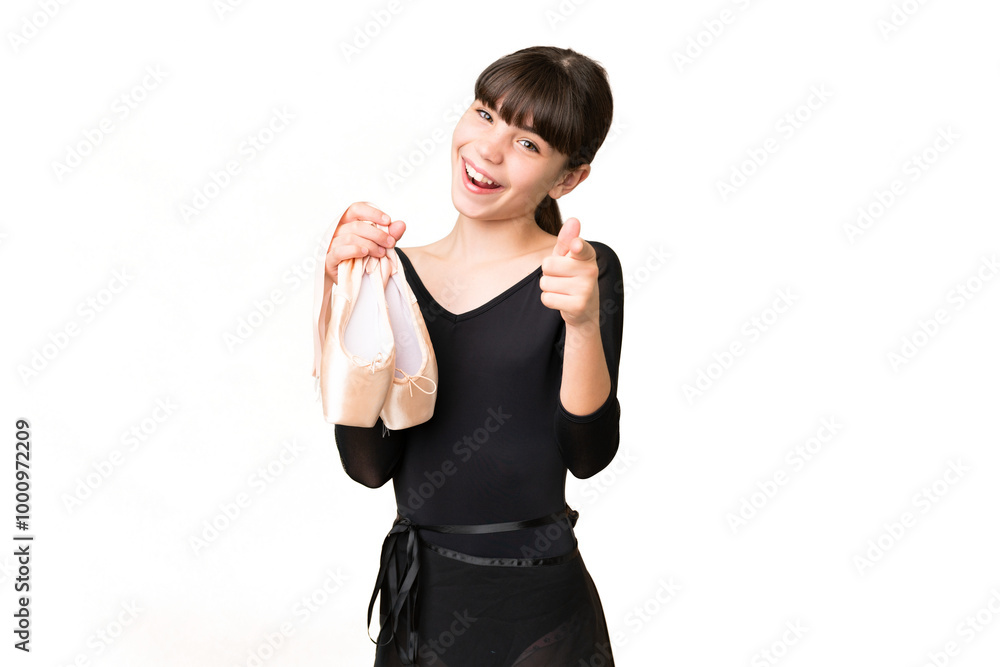 Little caucasian girl practicing ballet over isolated background pointing front with happy expression Little caucasian girl practicing ballet over isolated background pointing front with happy expression