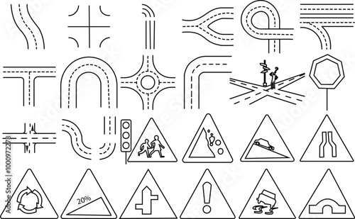 Highway Street, road and crossroads sign icon set. Thin line art editable stroke.