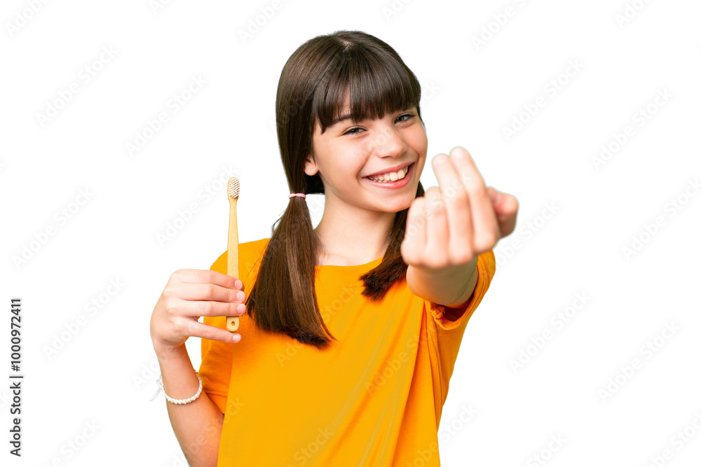 Little caucasian girl brushing teeth over isolated background inviting to come with hand. Happy that you came Little caucasian girl brushing teeth over isolated background inviting to come with hand. Happy that you came
