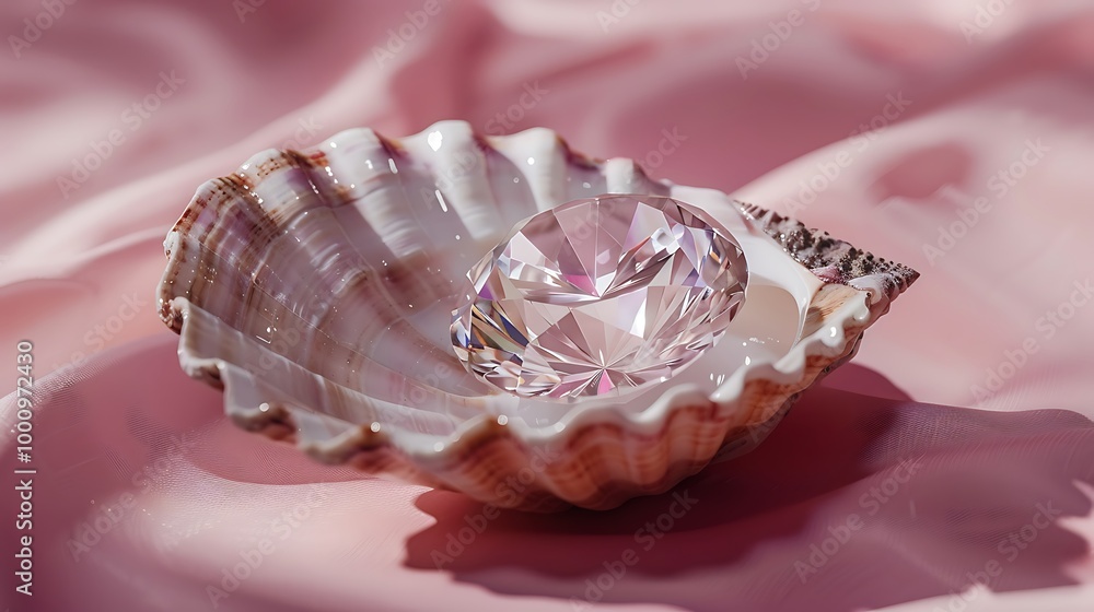 A gorgeous diamond set into a seashell on a pink background A gorgeous diamond set into a seashell on a pink background