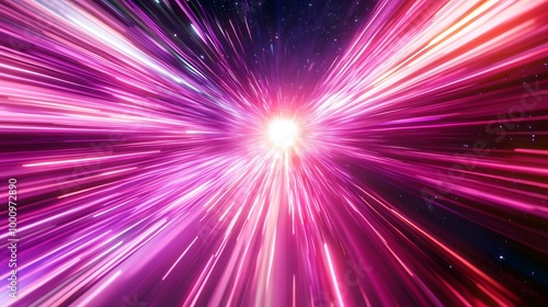  Neon speed rays abstract background. A burst of pink light energy. The movement of luminous purple rays in space. 