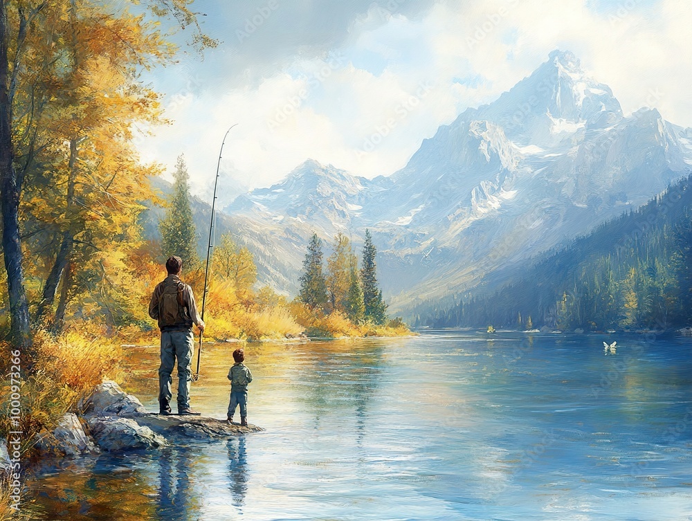 Father and Son Fishing by a Mountain Lake Father and Son Fishing by a Mountain Lake