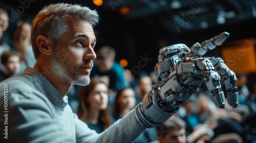 Man with robotic arm in classroom