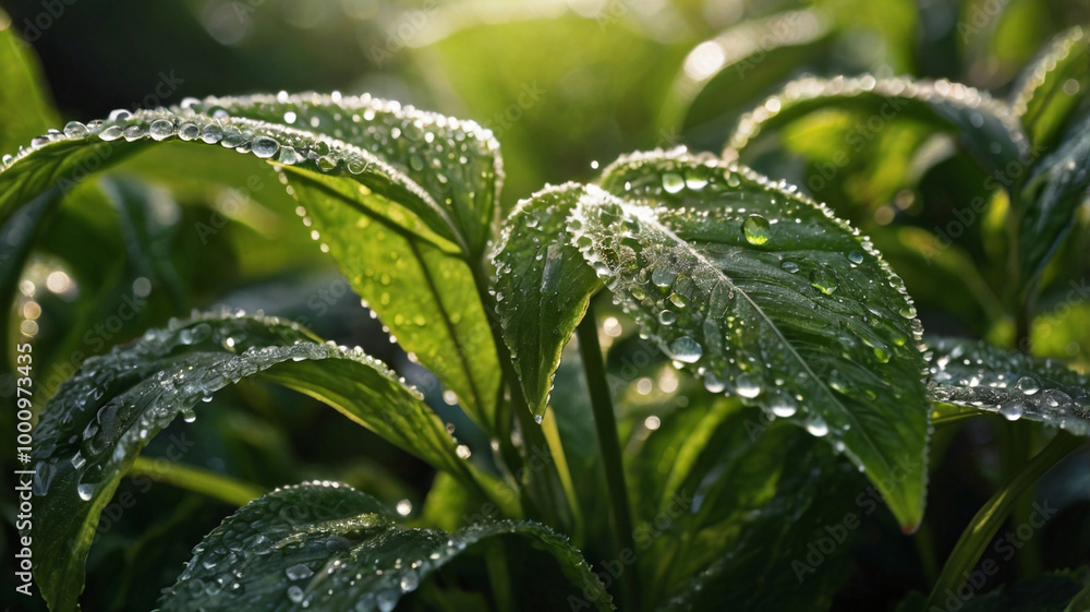 Dew-Covered Green Leaves in Morning Light
