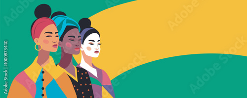 Abstract women of different nationality, skin, appearance and culture stand together, banner with space for text for advertising, website. Women's day. Concept of movement for gender equality