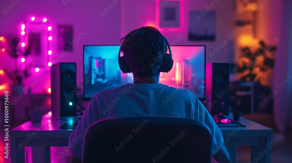 Gaming setup with neon lights Gaming setup with neon lights