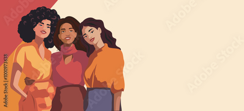 Feminist women of different appearance and culture stand together. Women's day. Banner with space for text for advertising, website. Vector concept of movement for gender equality women's empowerment