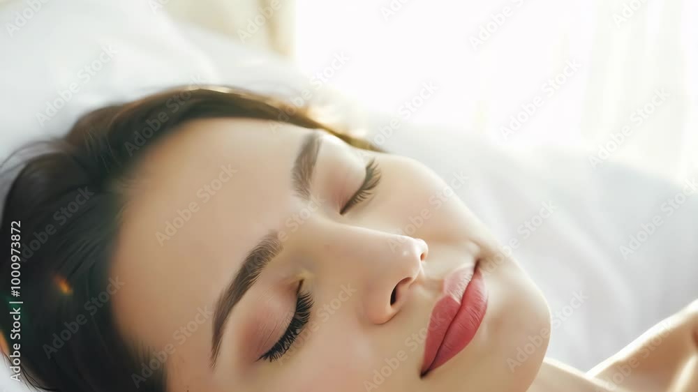 Young Asian woman resting peacefully under white sheets with soft morning sunlight Young Asian woman resting peacefully under white sheets with soft morning sunlight
