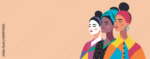  Women's day. Abstract women of different nationality, skin, appearance and culture stand together, banner with space for text for advertising, website. Concept of movement for gender equality 