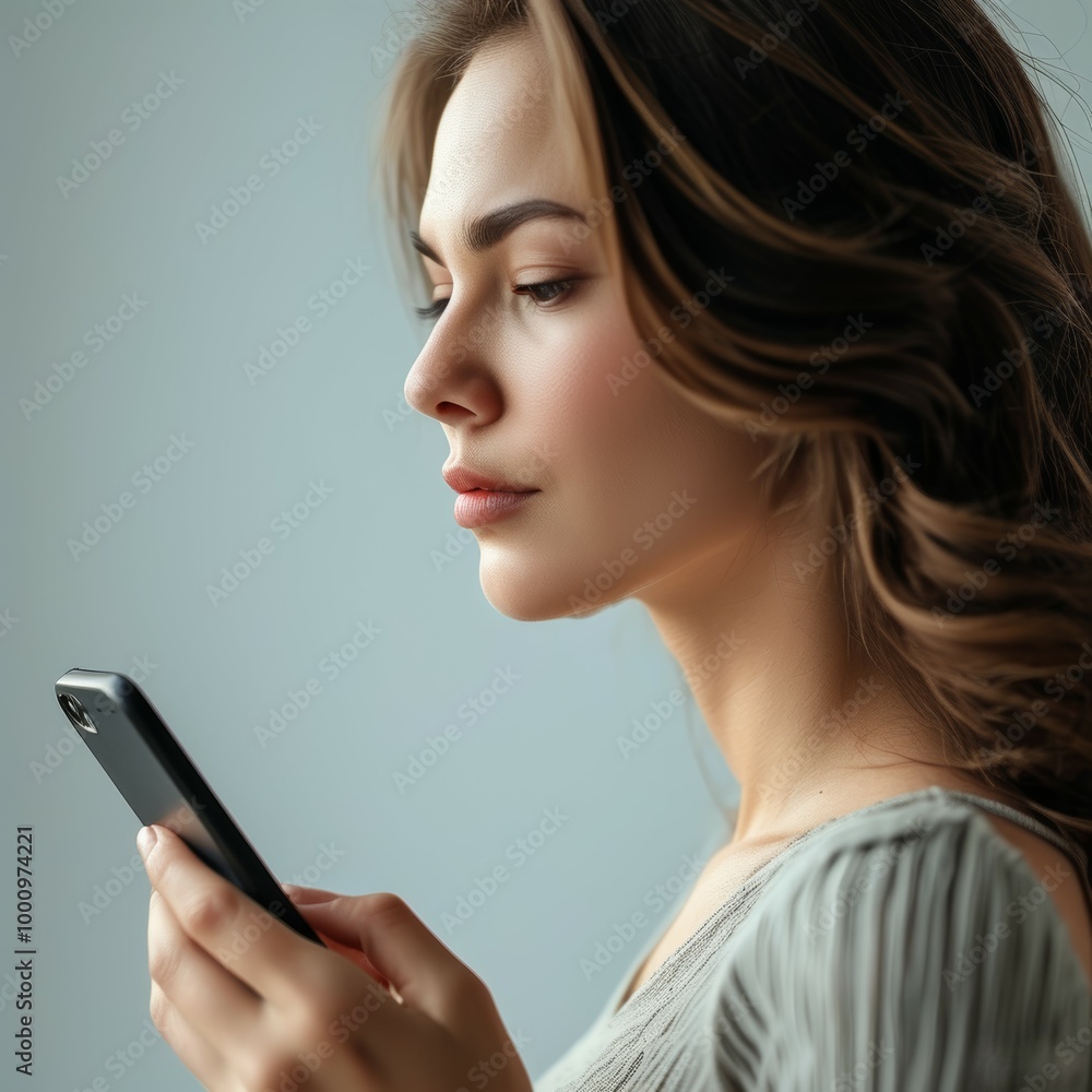 a beautiful girl in profile holds a phone in her hands, which she looks at carefully, against the background of a studio background a beautiful girl in profile holds a phone in her hands, which she looks at carefully, against the background of a studio background