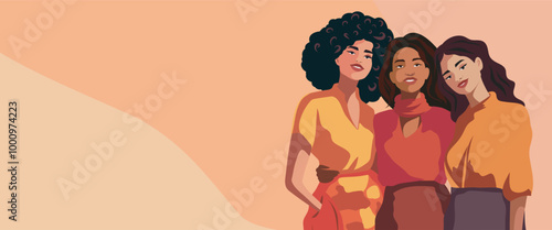 Women's day. Feminist women of different appearance and culture stand together. Banner with space for text for advertising, website. Concept of movement for gender equality and women's empowerment