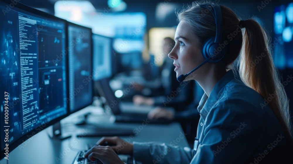 Woman Monitoring Cybersecurity in Control Room Woman Monitoring Cybersecurity in Control Room