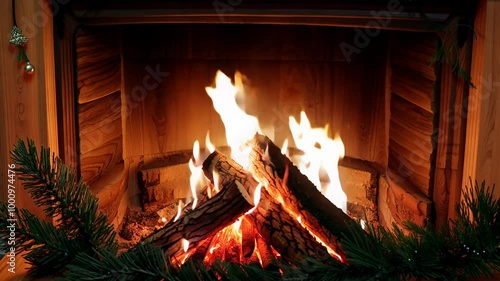 Static video of a yule log burning in a fireplace during yule, ambient light