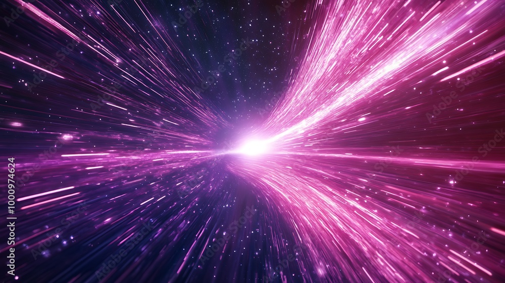  Neon speed rays abstract background. A burst of pink light energy. The movement of luminous purple rays in space. 