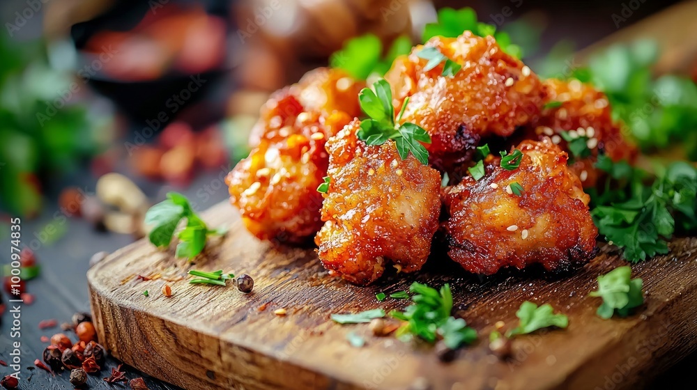 Savory Delight - Close-Up Artistic Shot of Fried Chicken Pieces with Fresh Herbs and Spices on Wooden Board Savory Delight - Close-Up Artistic Shot of Fried Chicken Pieces with Fresh Herbs and Spices on Wooden Board