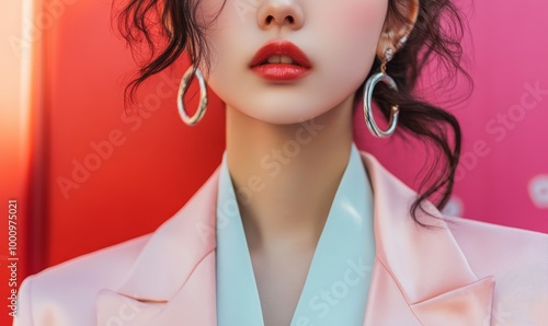 Close-up of woman's face, red lipstick, pink blazer.