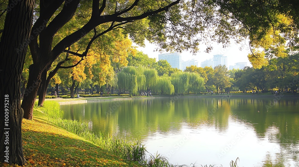 Fototapeta premium A tranquil park scene with a pond, lush greenery, and a gazebo in the background.