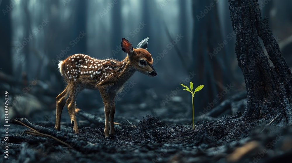Obraz premium A little deer, standing in a burnt forest, looks intently at a small green plant, symbolizing nature's resilience and the impact of environmental damage.