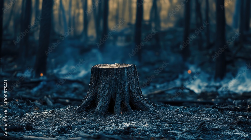 A lone burnt tree stump stands in the midst of a destroyed forest, illustrating the harsh aftermath of a forest fire and its impact on the ecosystem. A lone burnt tree stump stands in the midst of a destroyed forest, illustrating the harsh aftermath of a forest fire and its impact on the ecosystem.