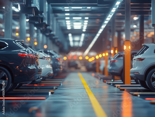A modern automatic parking system in busy car park, showcasing various cars parked in an organized manner. lighting creates vibrant atmosphere, enhancing efficiency of parking experience